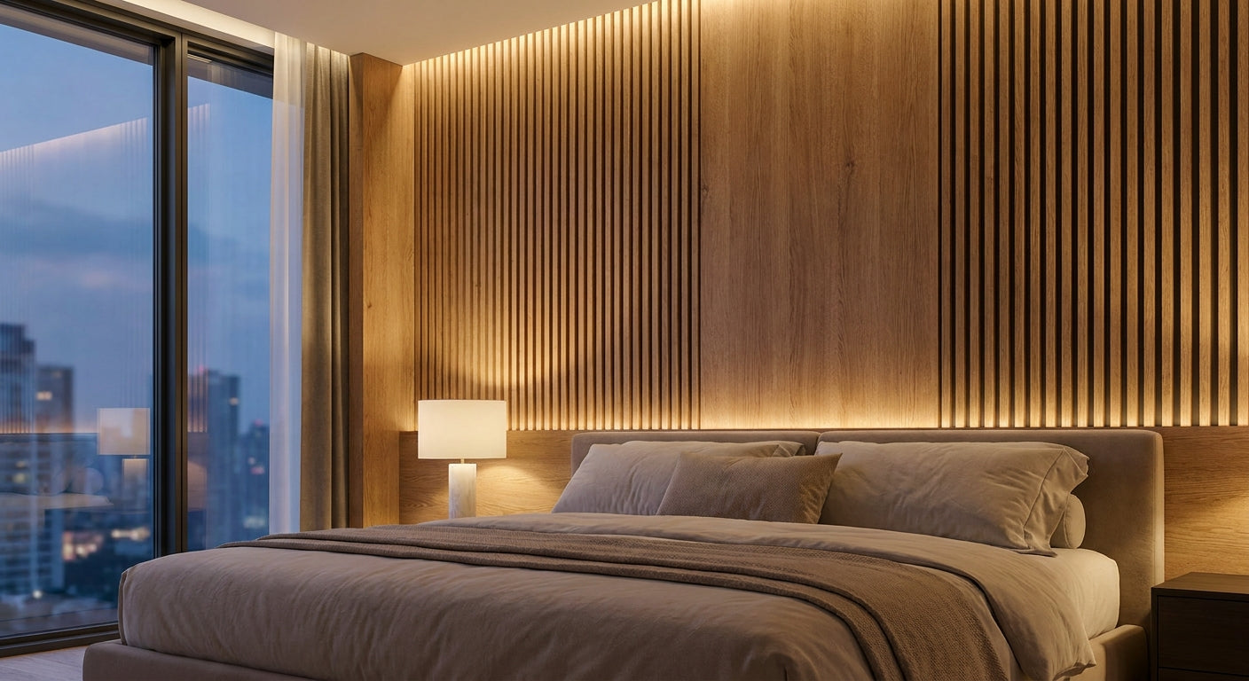 Acoustic wood panels for hotel bedroom walls