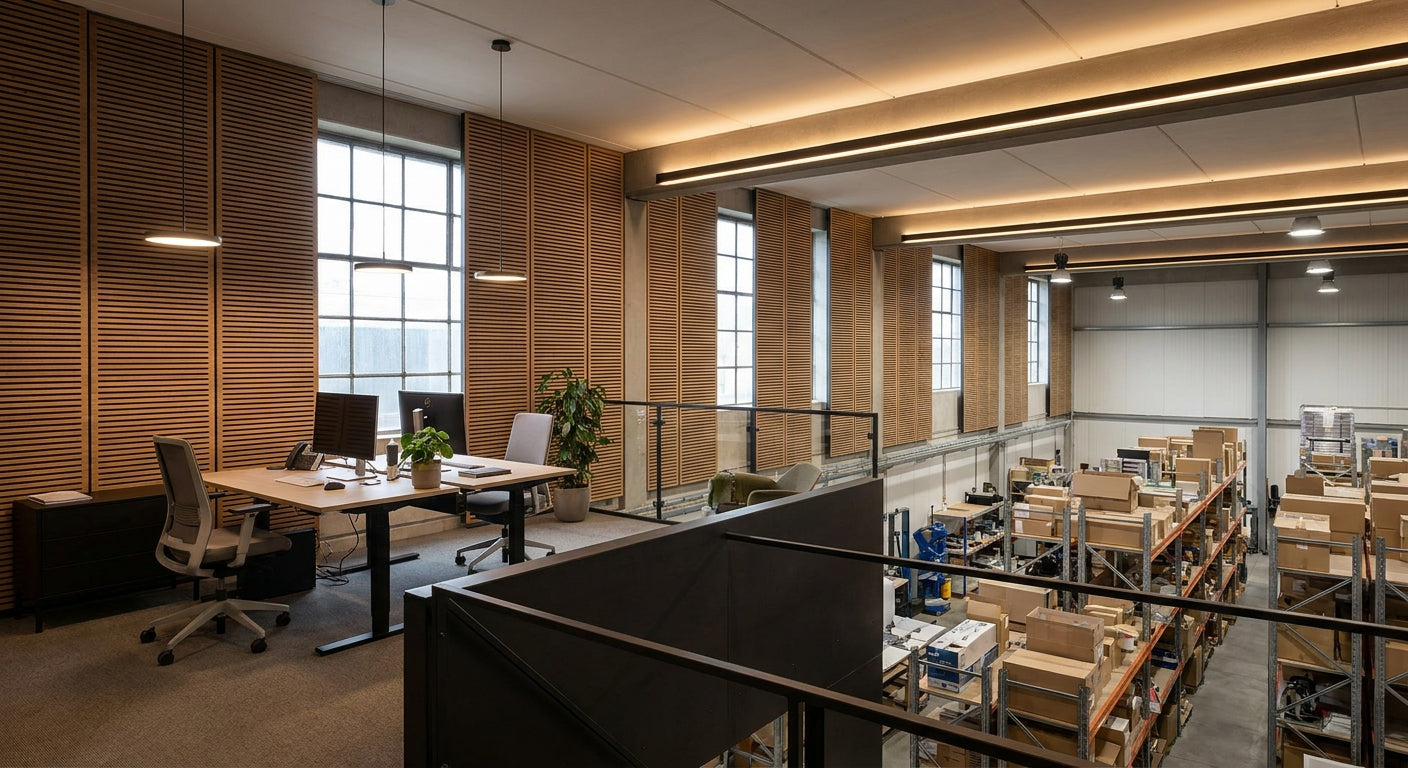 Acoustic wood panels for warehouse mezzanine offices