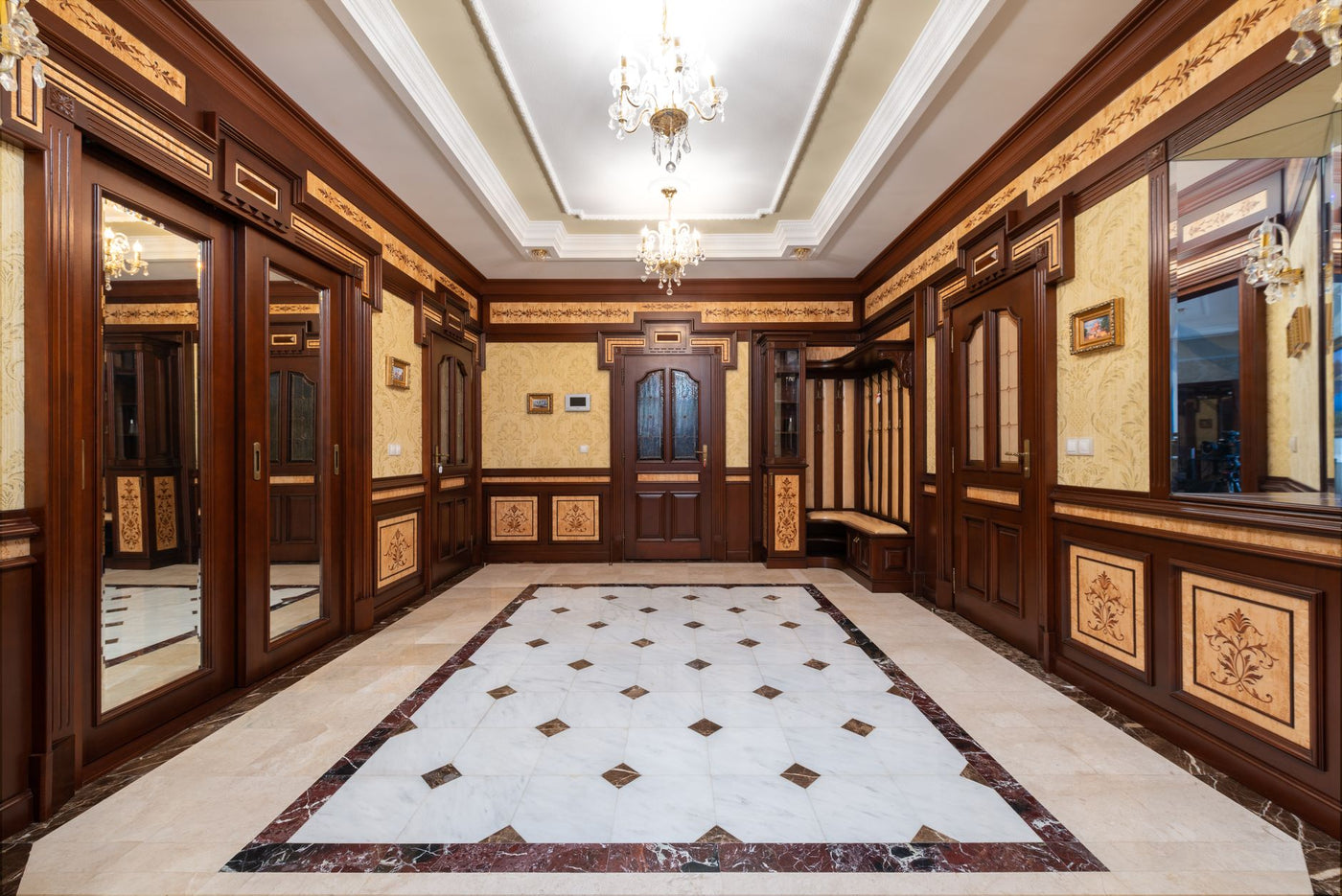 Luxurious room showcasing classic wood paneling and elegant decor.