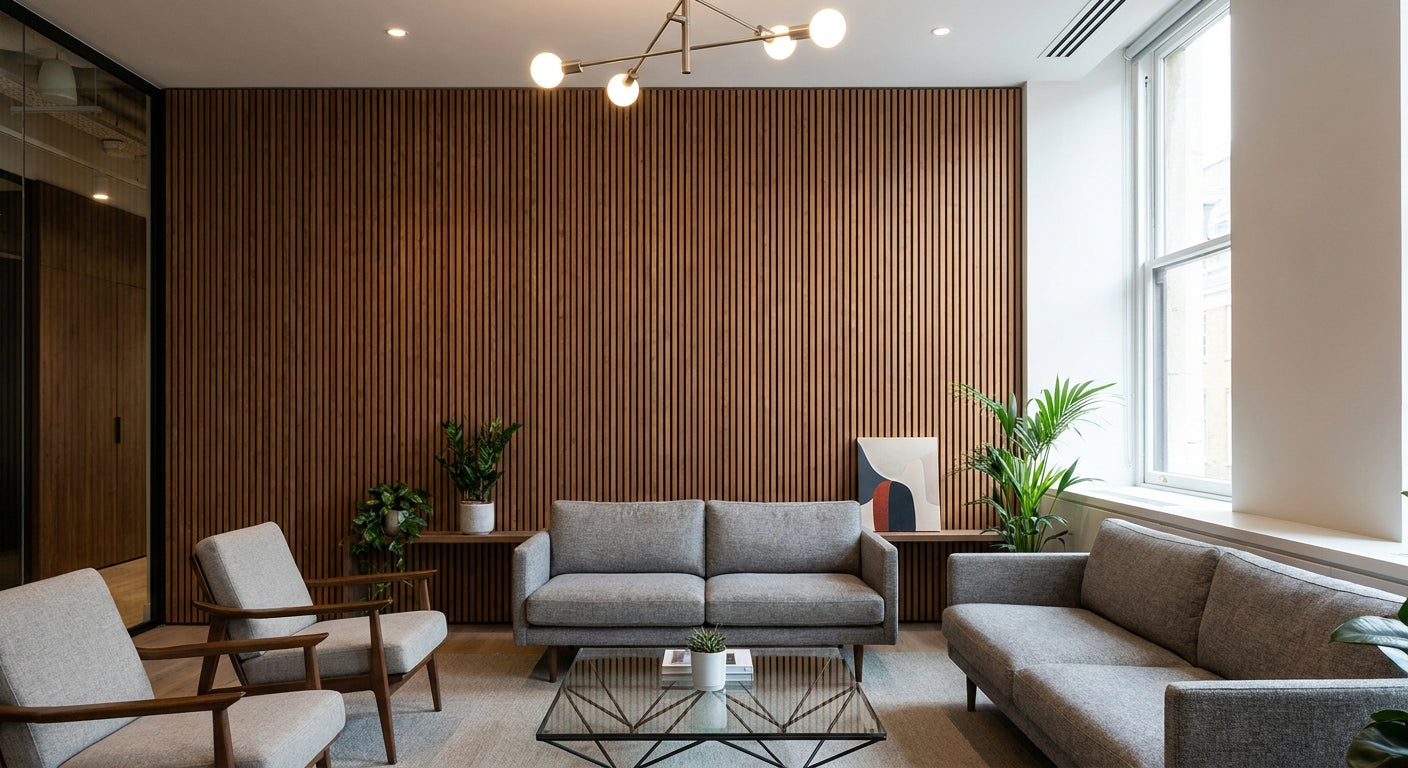 Acoustic wood panels for serviced office suites