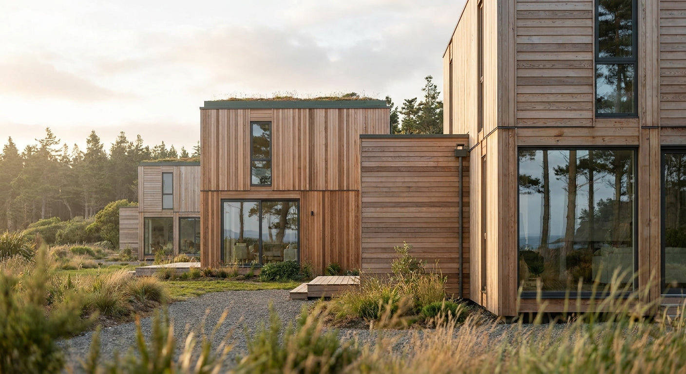 Exterior timber cladding for modular and prefab buildings