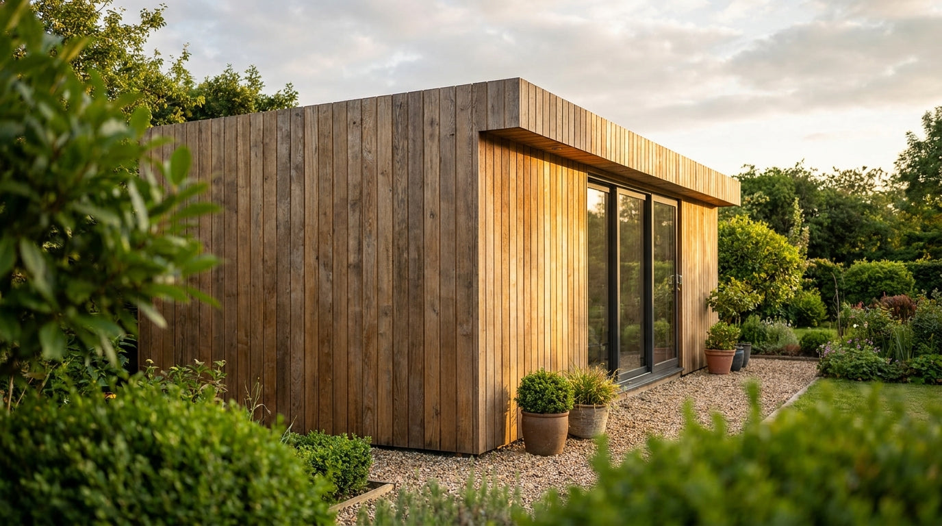 Oak exterior cladding panels for garden rooms