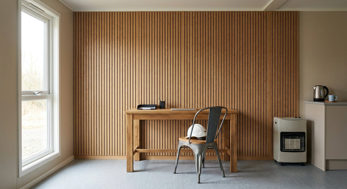 Acoustic wood panels for site cabins and welfare units