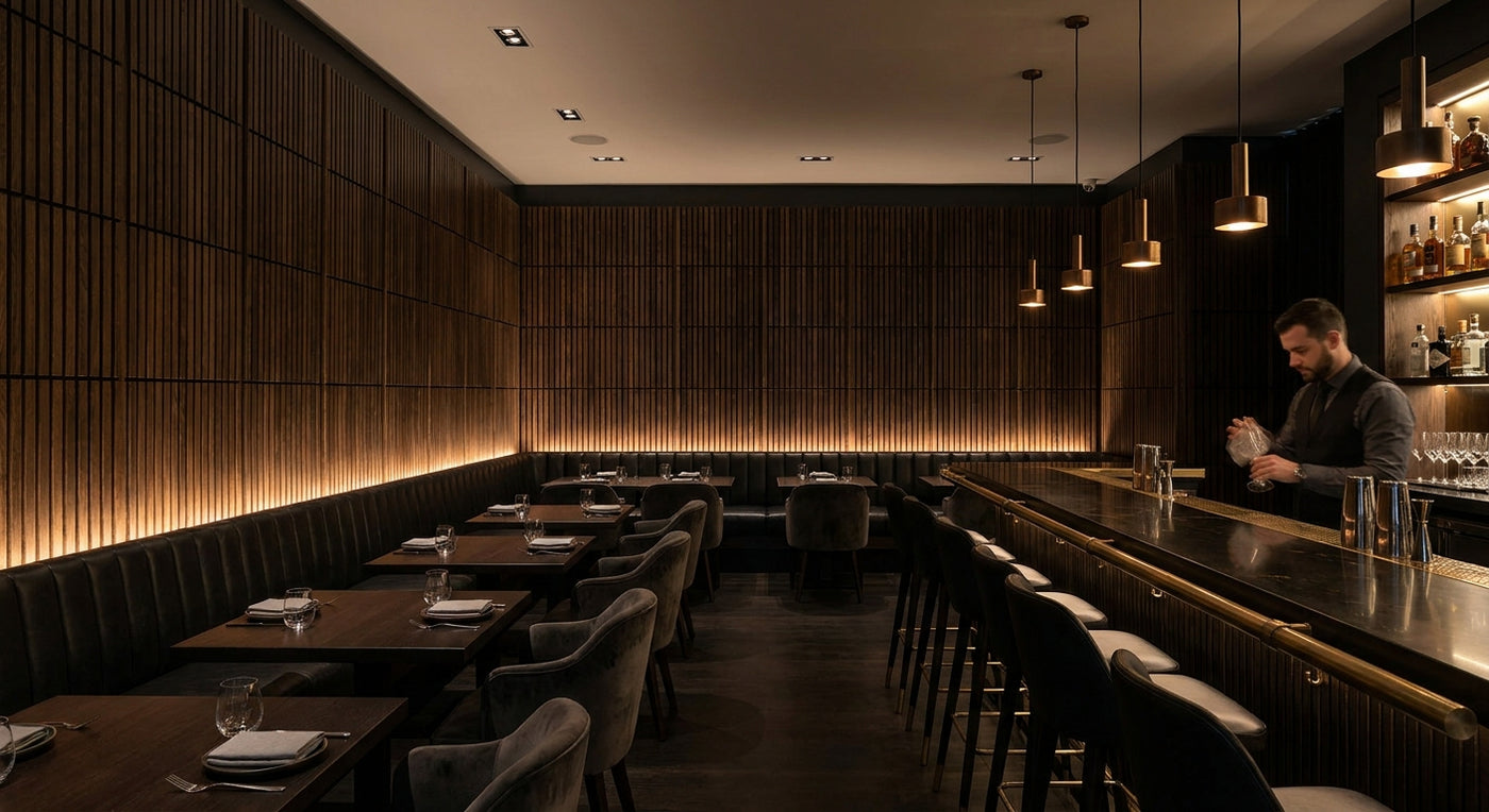 Black oak acoustic panels for restaurant and bar walls
