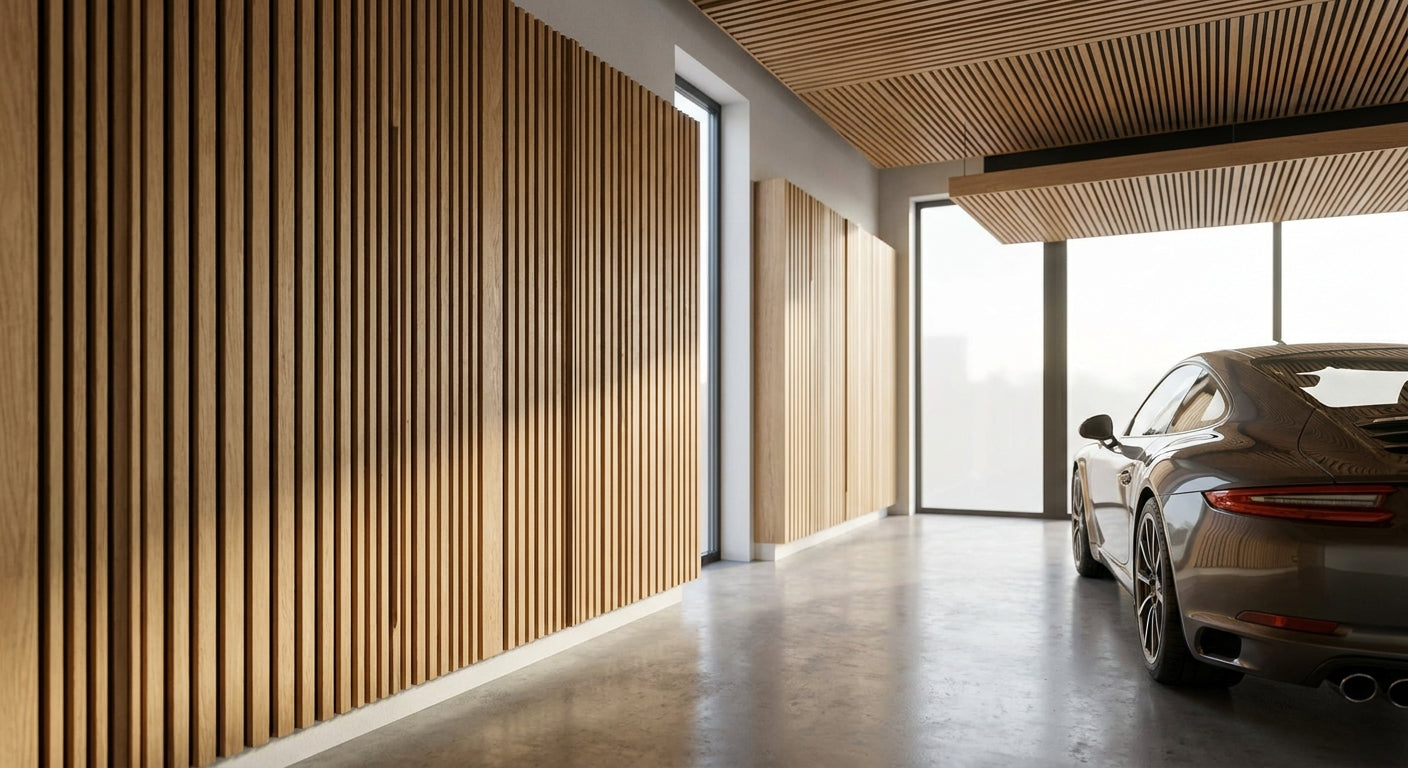 Acoustic wood panels for car showroom interiors