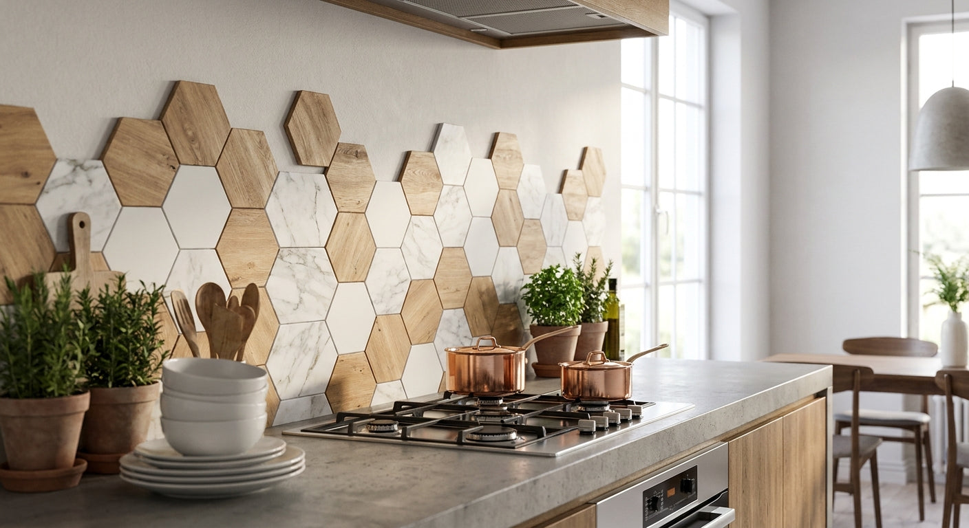 Hexagon wall panels for kitchen splashbacks