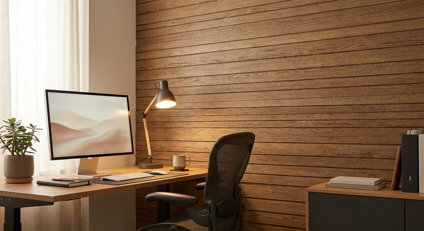 Rustic oak acoustic panels for home office walls