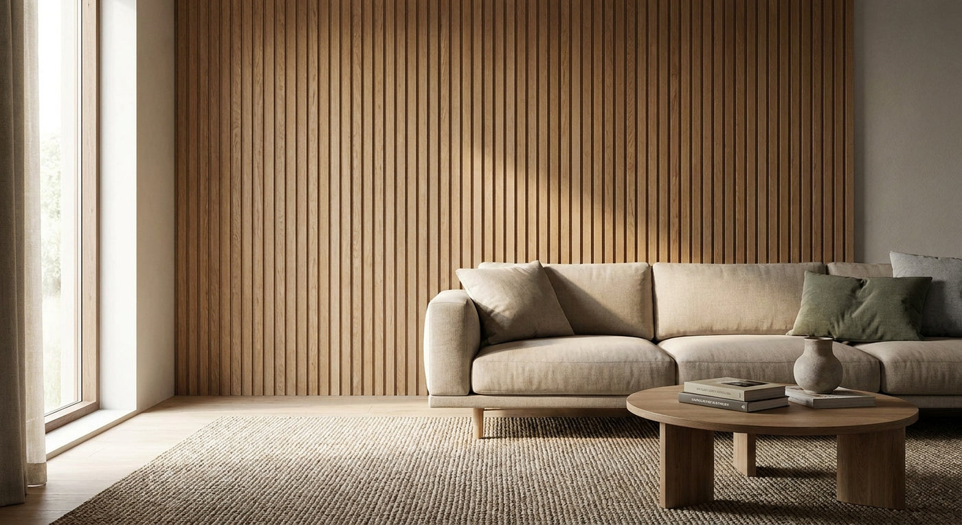 Natural oak acoustic wall panels for living rooms