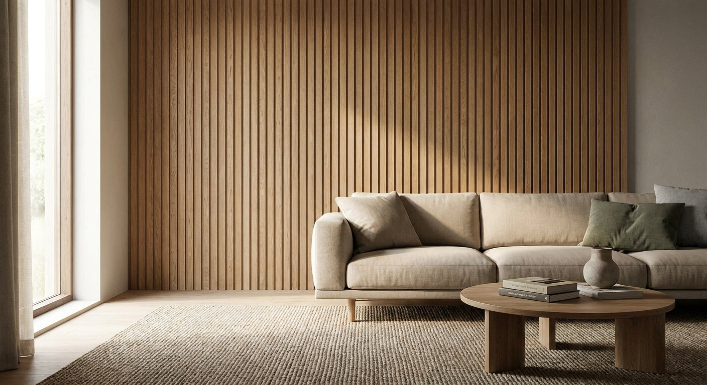 Natural oak acoustic wall panels for living rooms