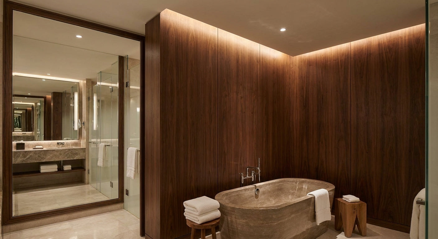 Walnut wall panels for luxury hotel bathroom feature walls