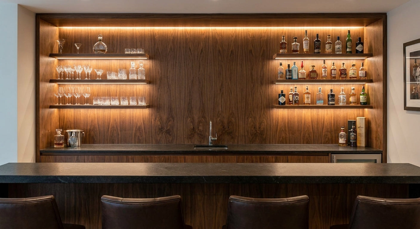 Walnut wall panels for home bar feature walls