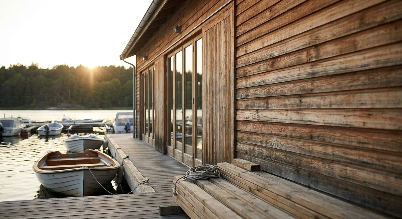Timber cladding for boat house and marina buildings