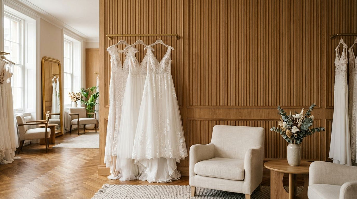 Wooden wall panels for bridal boutique interiors
