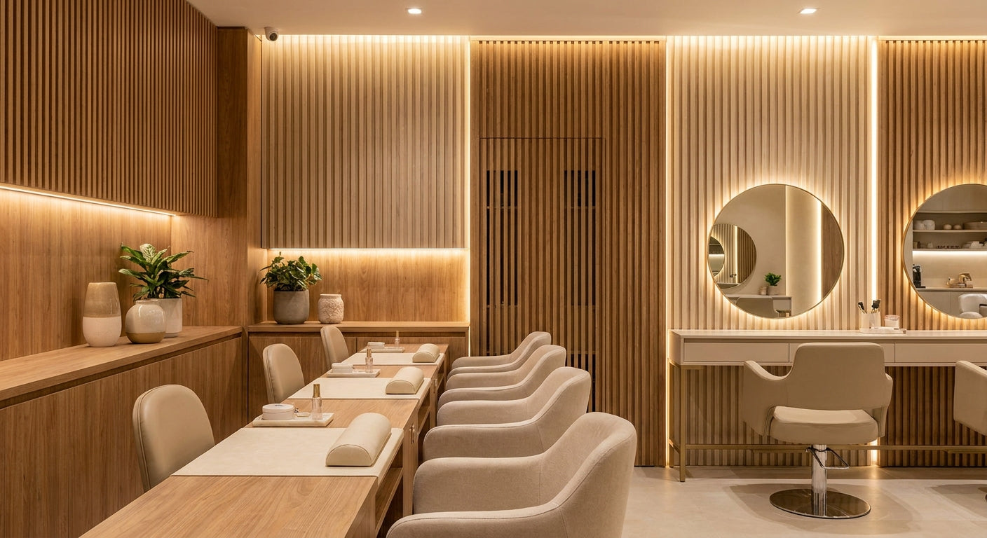 Wooden wall panels for beauty salon and nail bar interiors