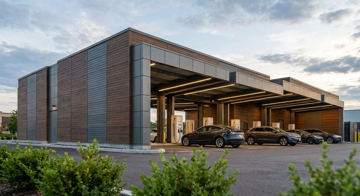 Exterior cladding panels for EV charging canopy structures