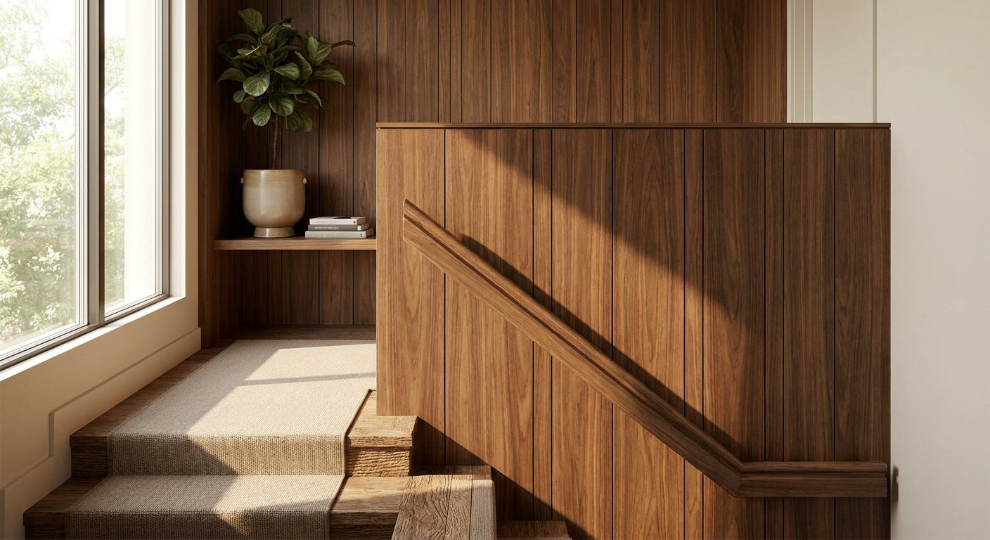 Wood veneer wall panels for staircase half-wall feature