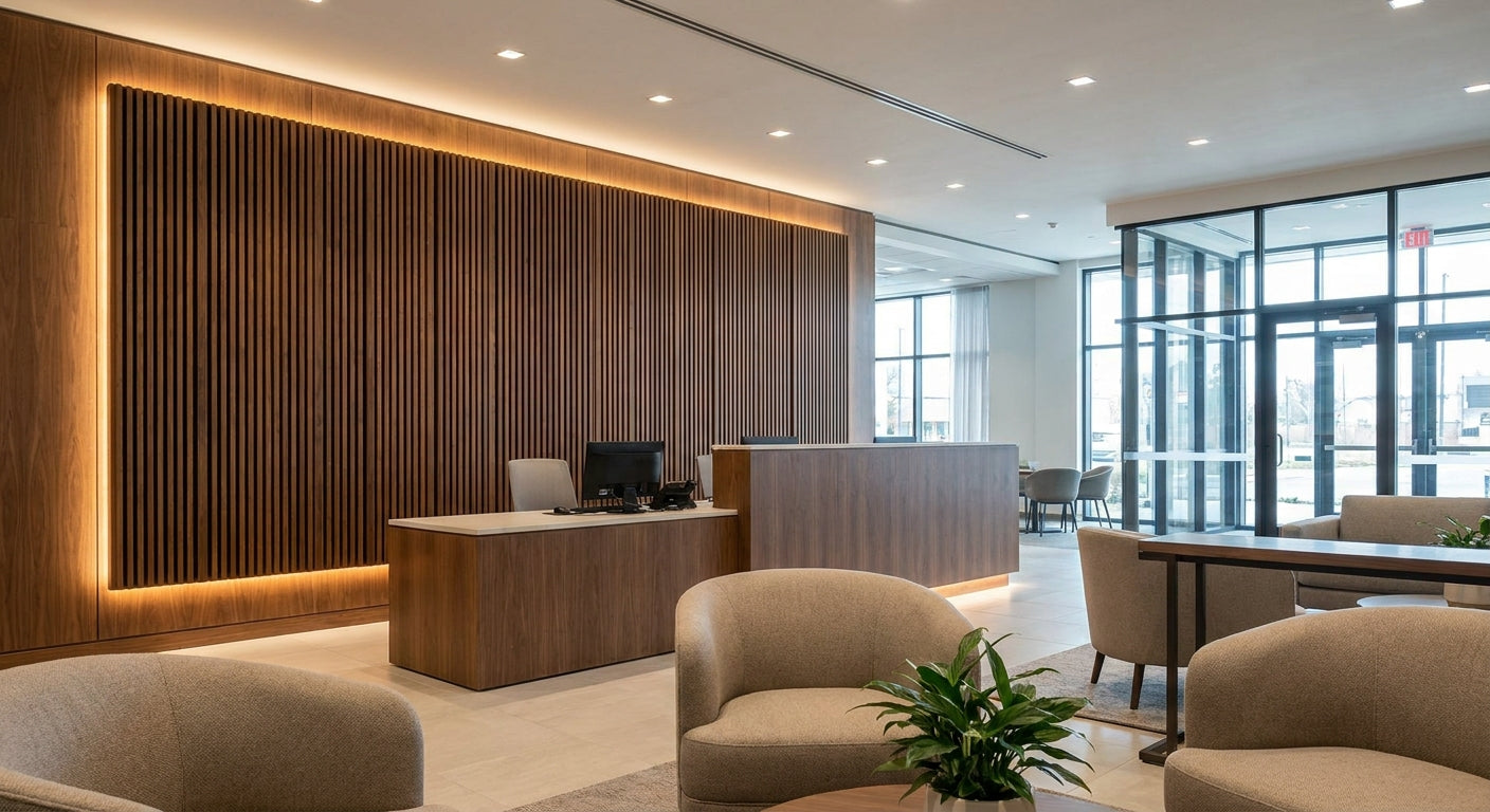 Acoustic wood panels for bank branch interiors