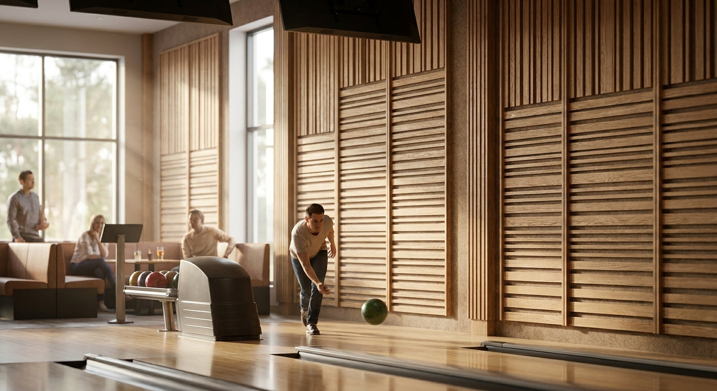 Acoustic wood panels for bowling alley walls