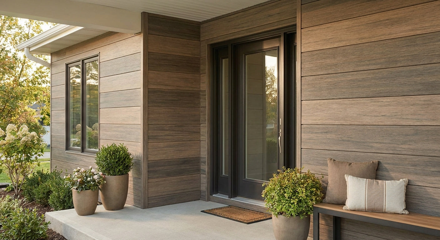Composite cladding panels for porch and entrance walls