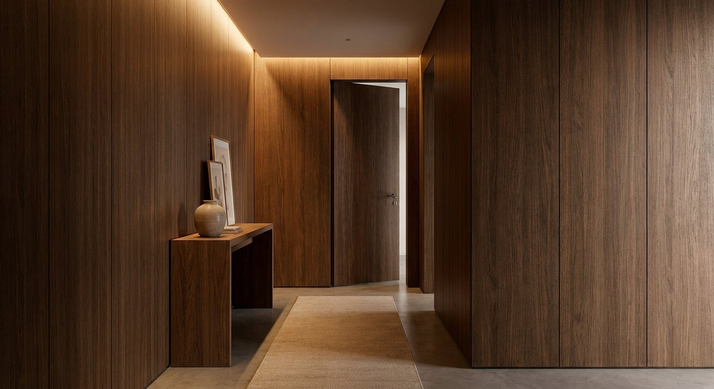 3-sided mocca veneer panels for hallway walls