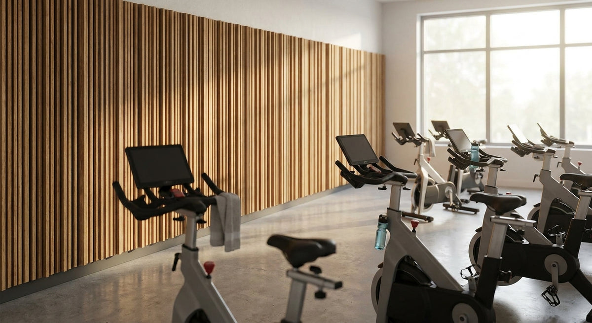 Acoustic wood panels for indoor cycling and spin studios