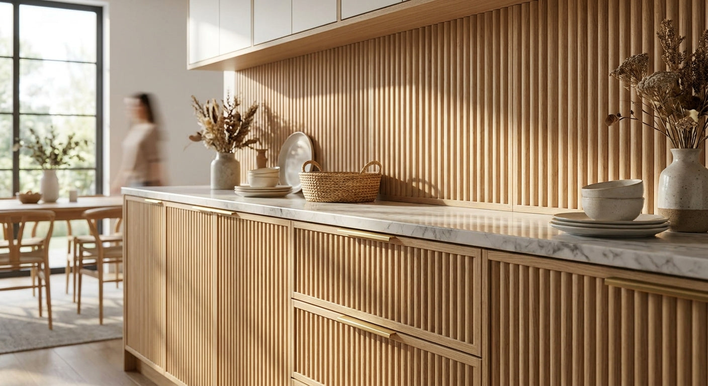 Reeded wall panels for kitchen cabinetry