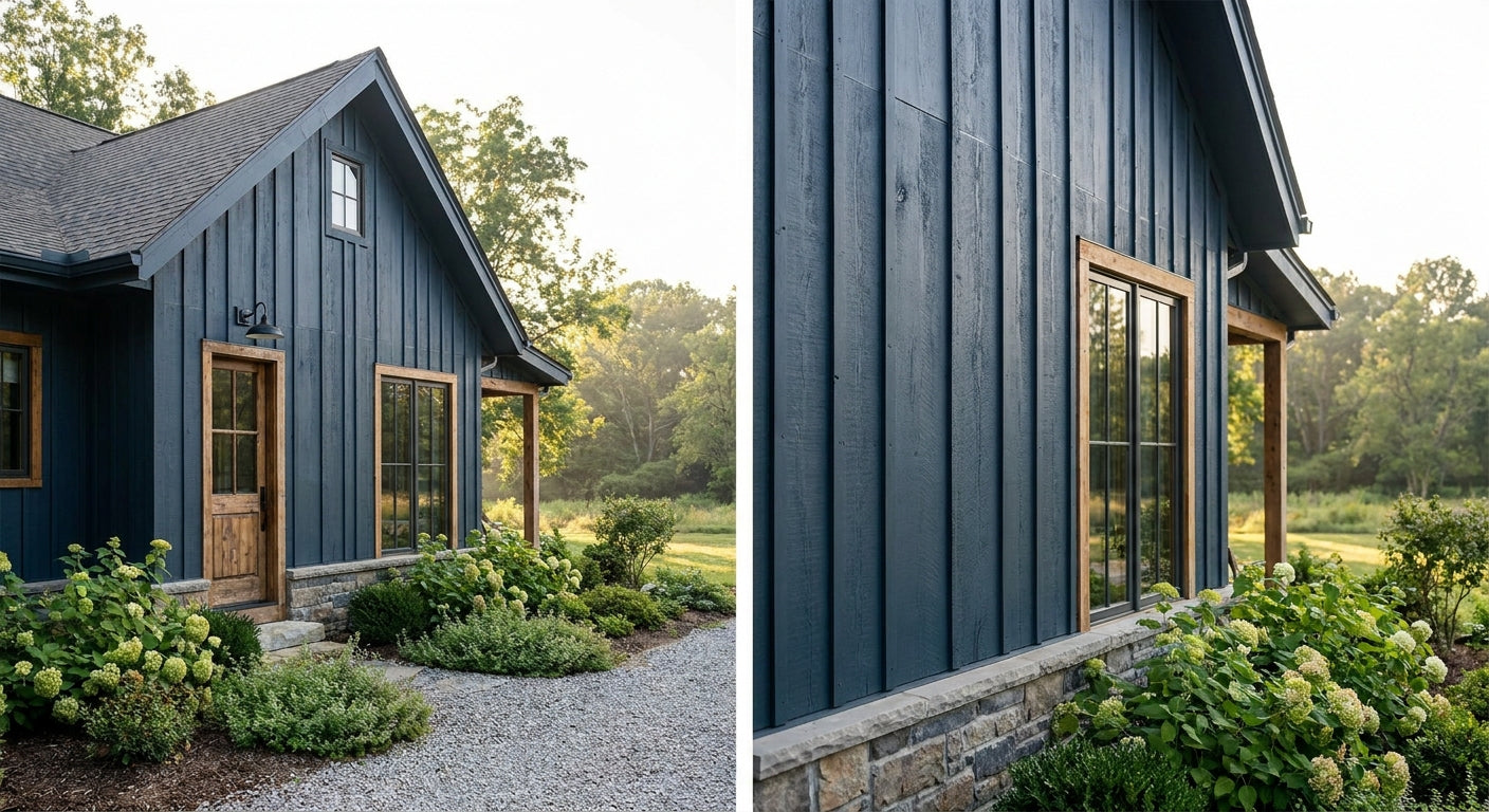 Board and batten cladding for house exteriors