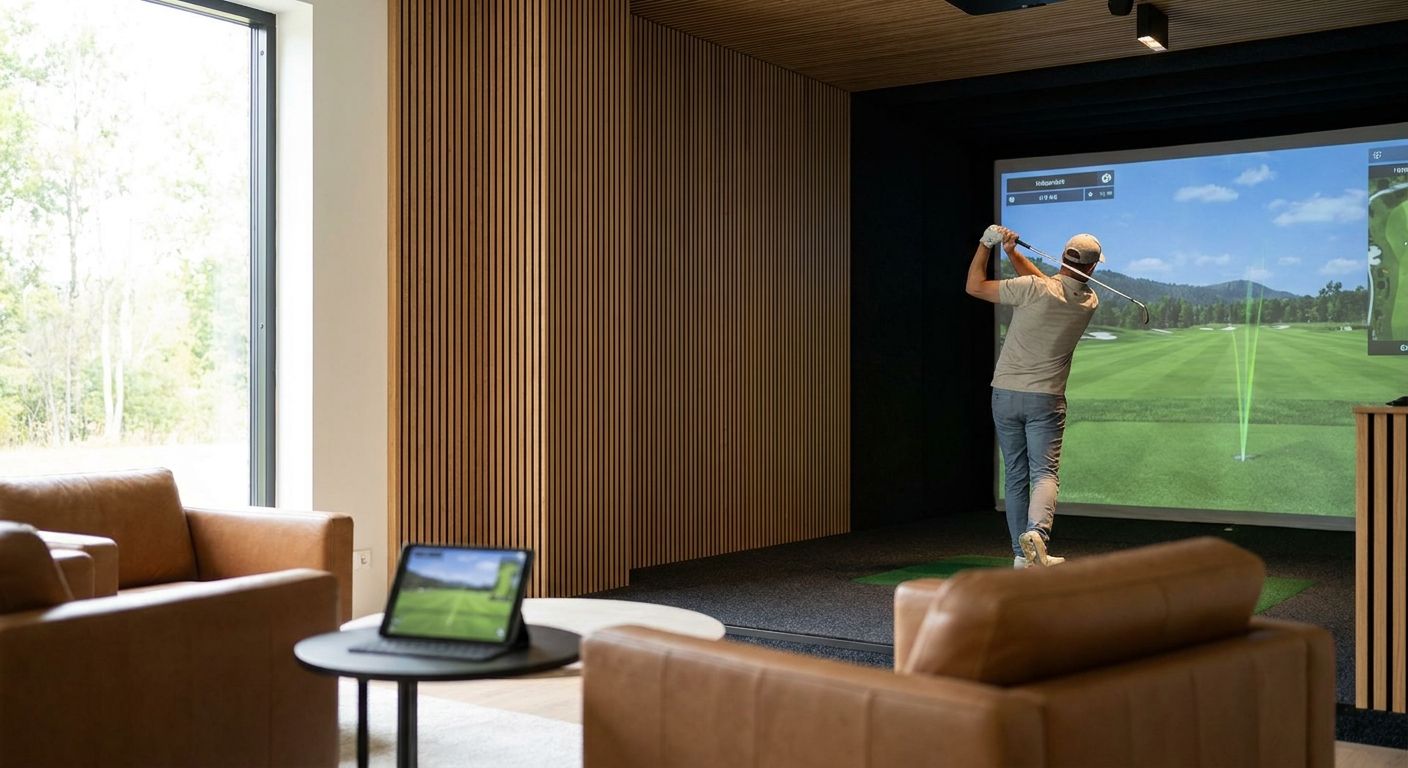 Acoustic wood panels for golf simulator lounges