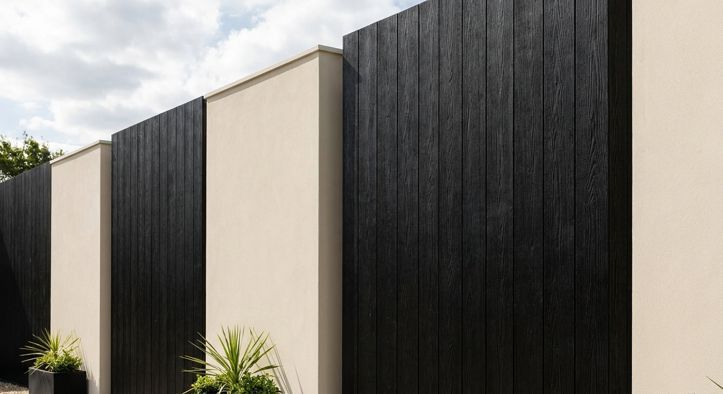 Black wood grain cladding panels for rendered walls