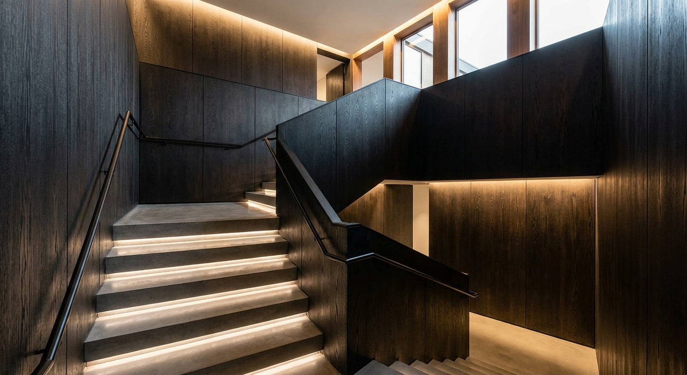 3-sided black oak veneer panels for staircase walls