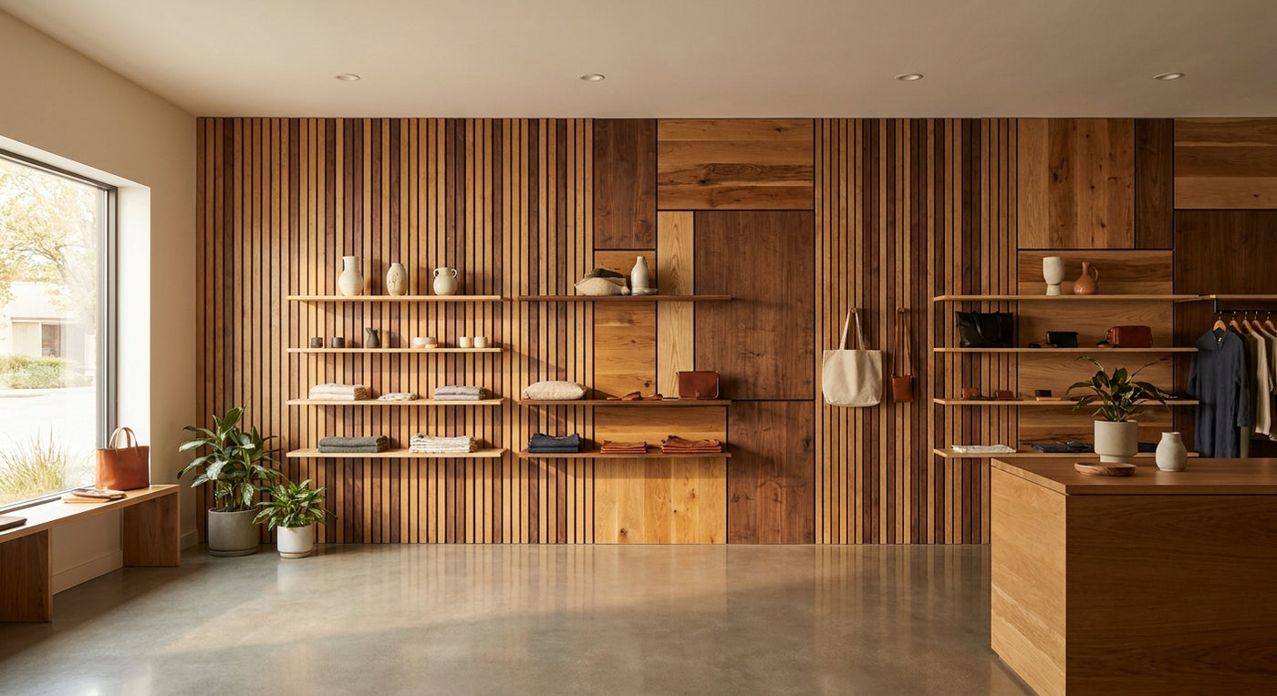 Wooden wall panels for retail shop interiors