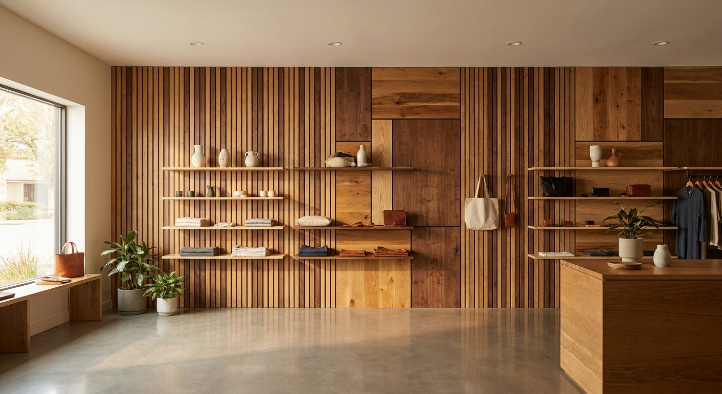 Wooden wall panels for retail shop interiors