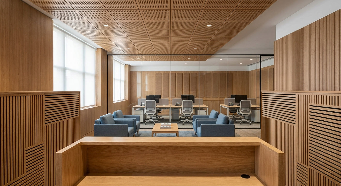 Acoustic wood panels for insurance office interiors
