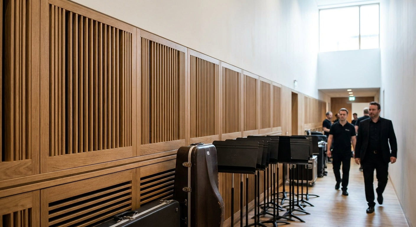 Acoustic wood panels for concert hall backstage areas