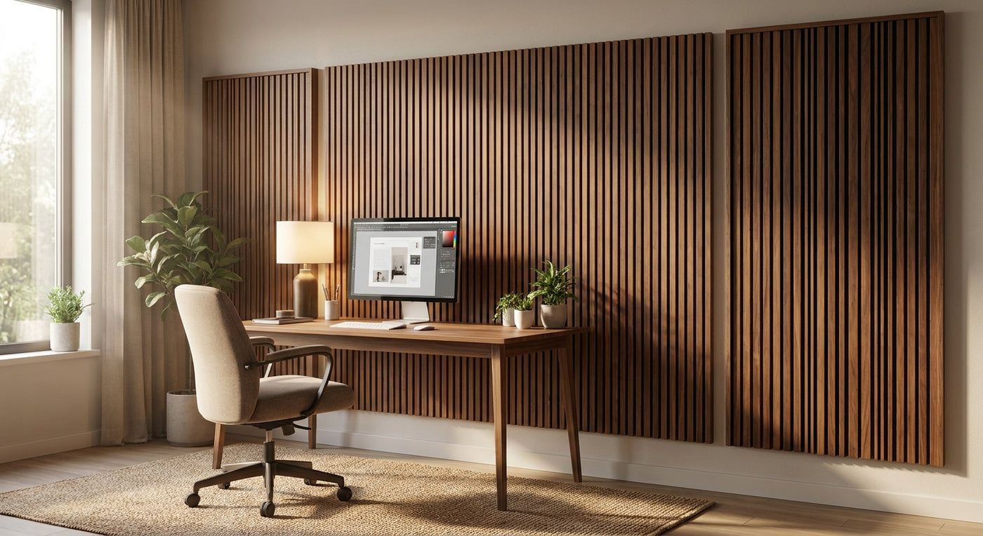 Walnut acoustic wall panels for home offices