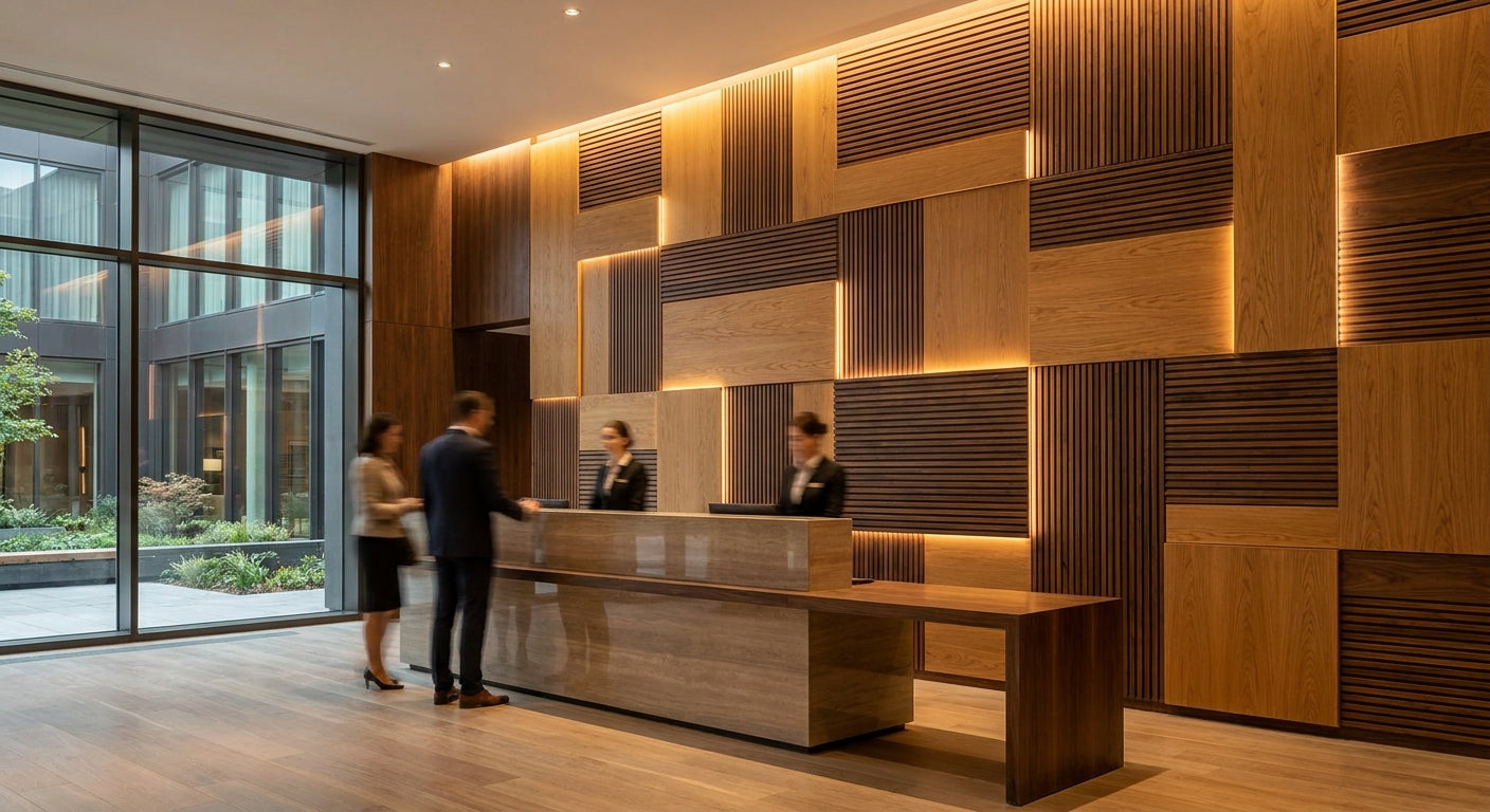 Wooden wall panels for hotel reception feature walls