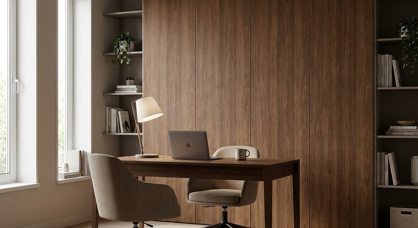 Mocca veneer wall panels for home office feature walls
