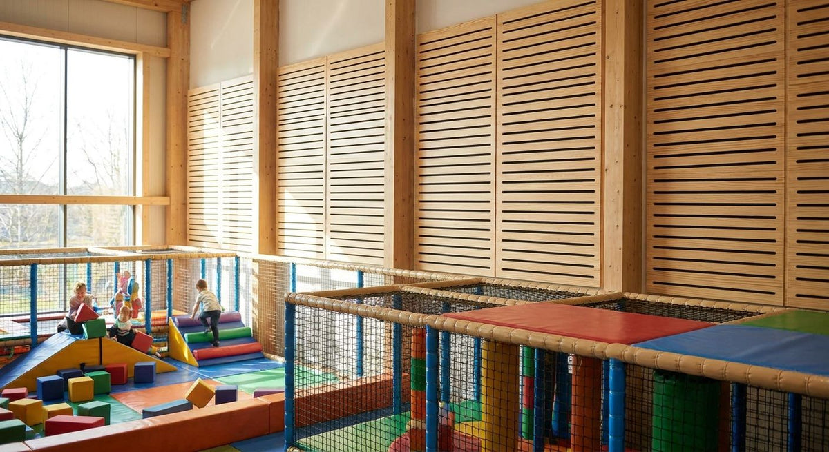 Acoustic wood panels for indoor soft play centres