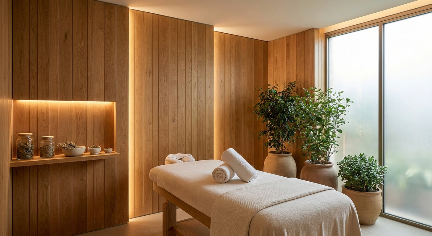 Wood wall panels for spa treatment room walls