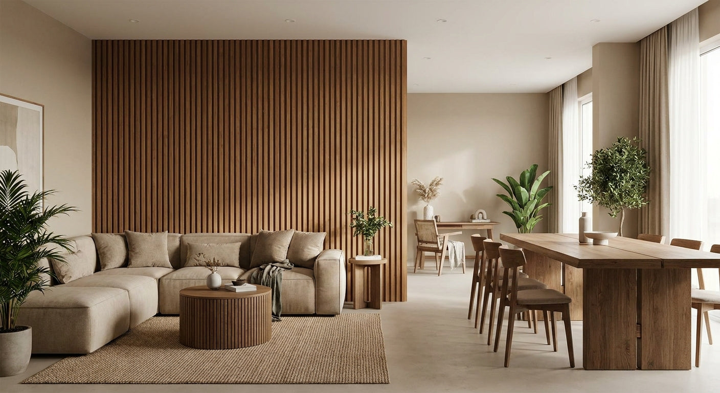 How to use wood wall panels to zone an open-plan room