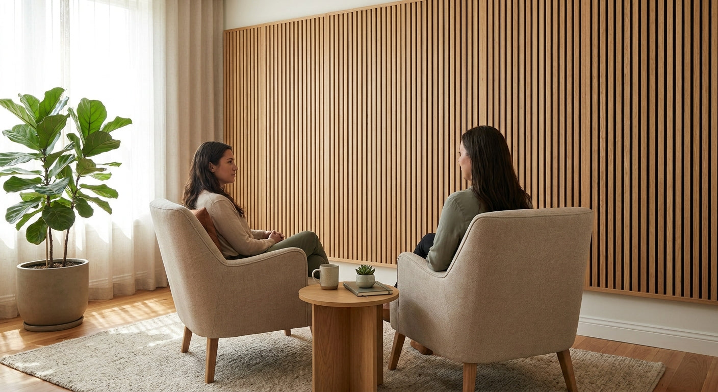 Acoustic wood panels for therapy and counselling rooms
