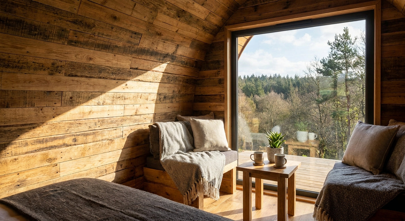 Wooden wall panels for glamping pod interiors