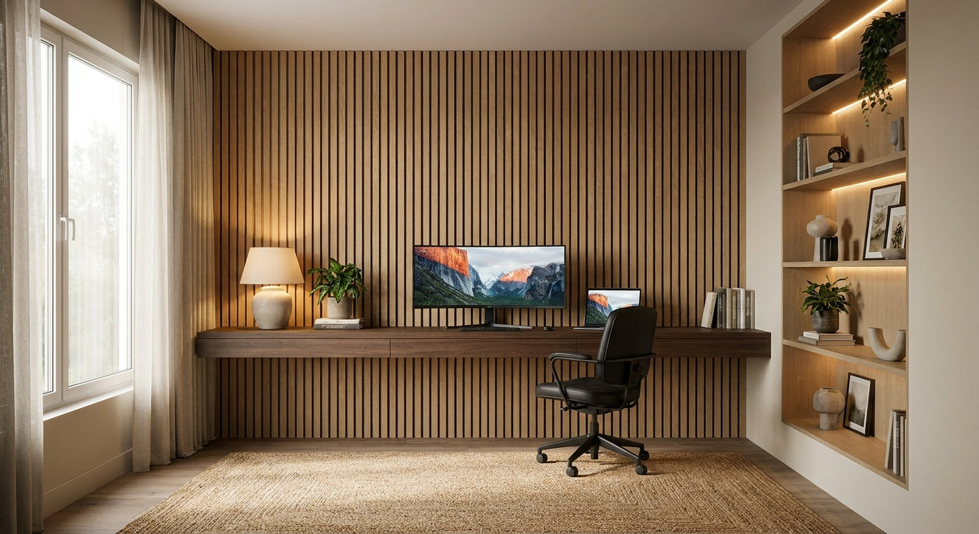 Natural oak wall panels for home offices