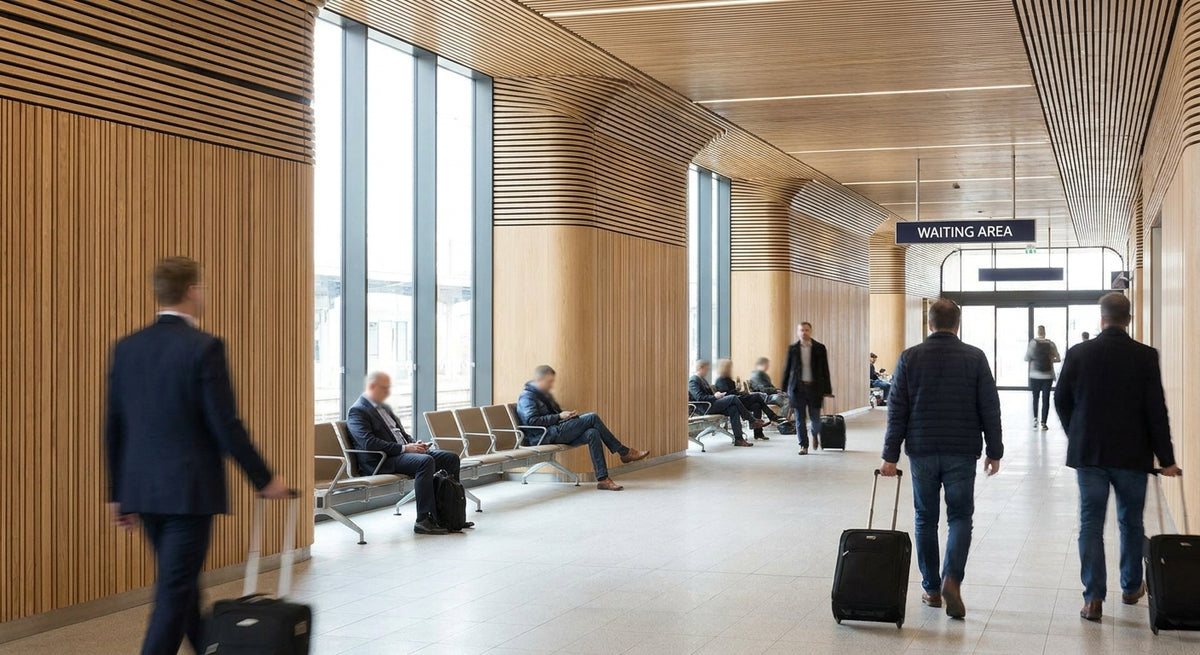 Acoustic wood panels for train station waiting areas