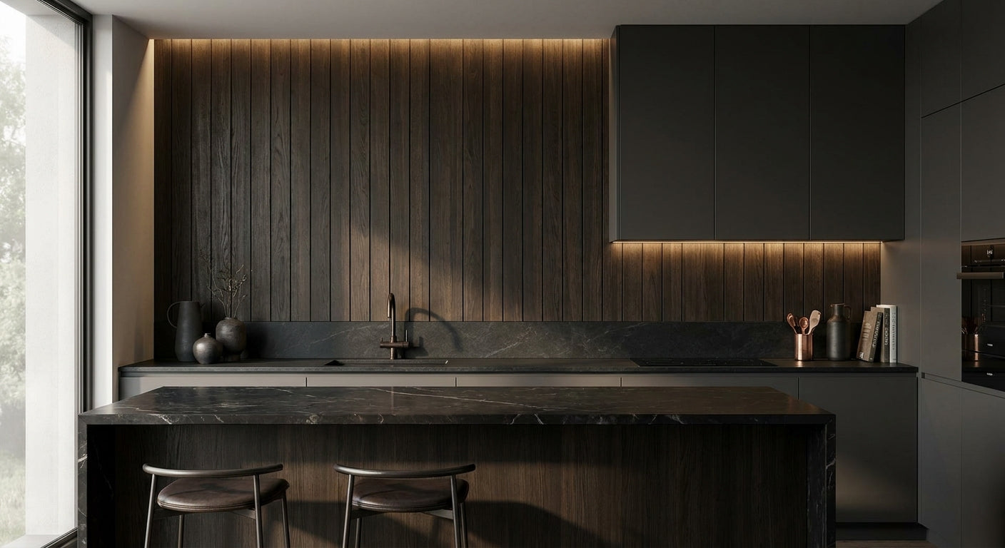 Black oak panels for dark-toned kitchen feature walls