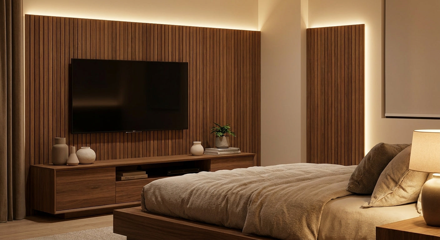 Wooden wall panels for bedroom TV walls