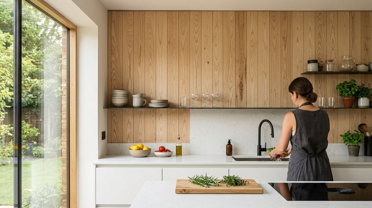 Ash wood wall panels for kitchen feature walls