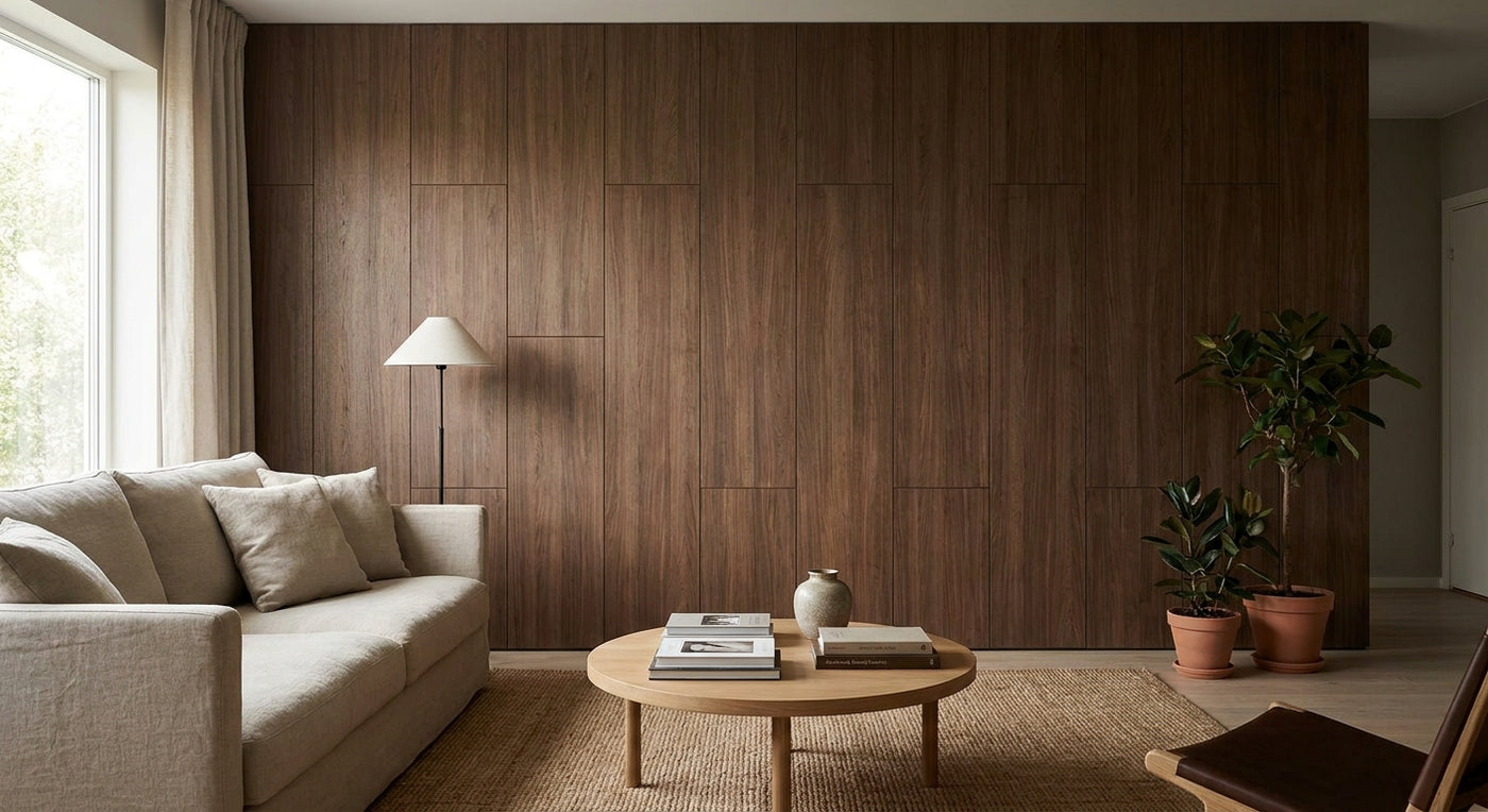 Mocca wood veneer panels for living room feature walls