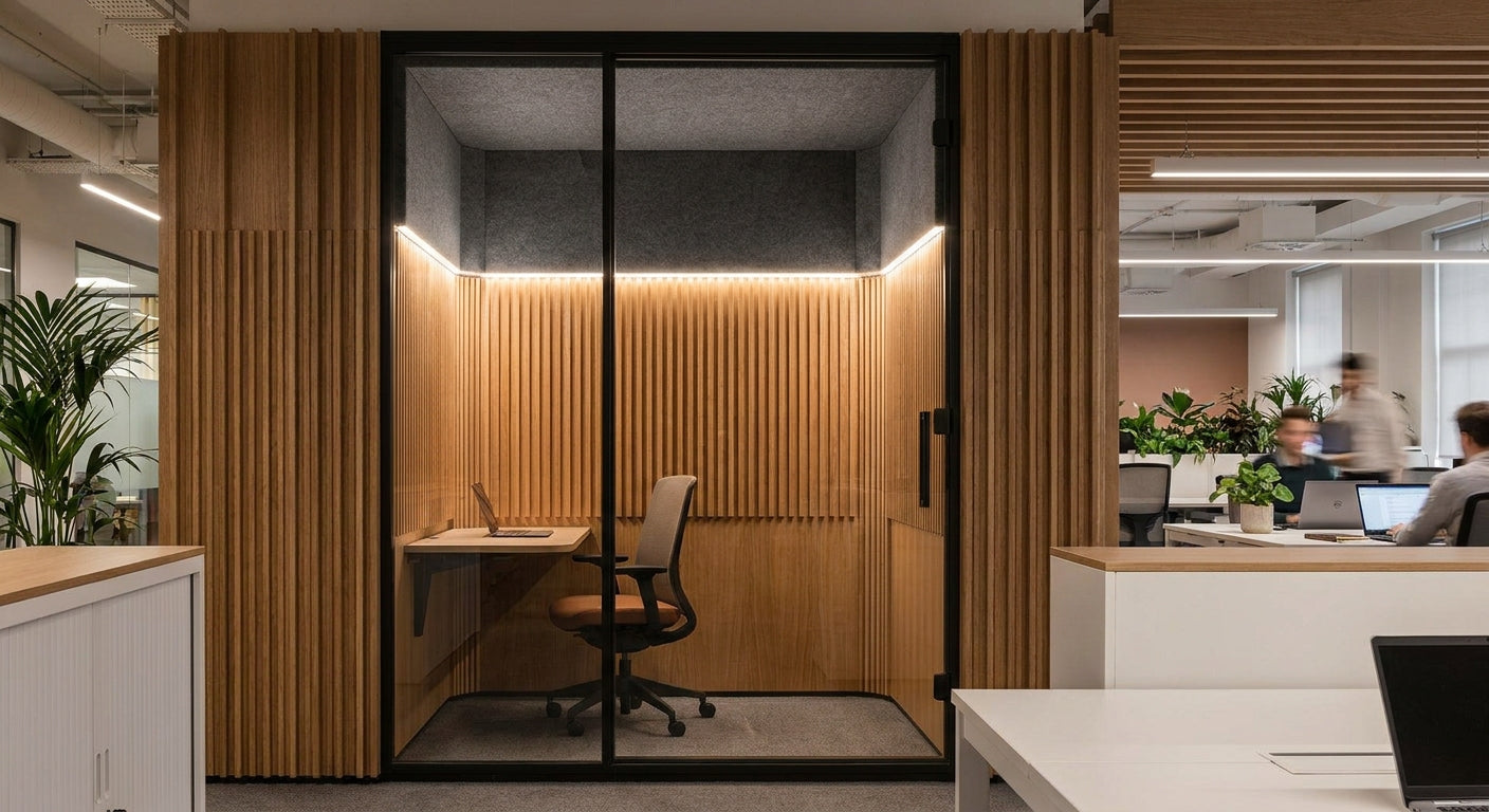 Acoustic wood panels for coworking phone booth pods