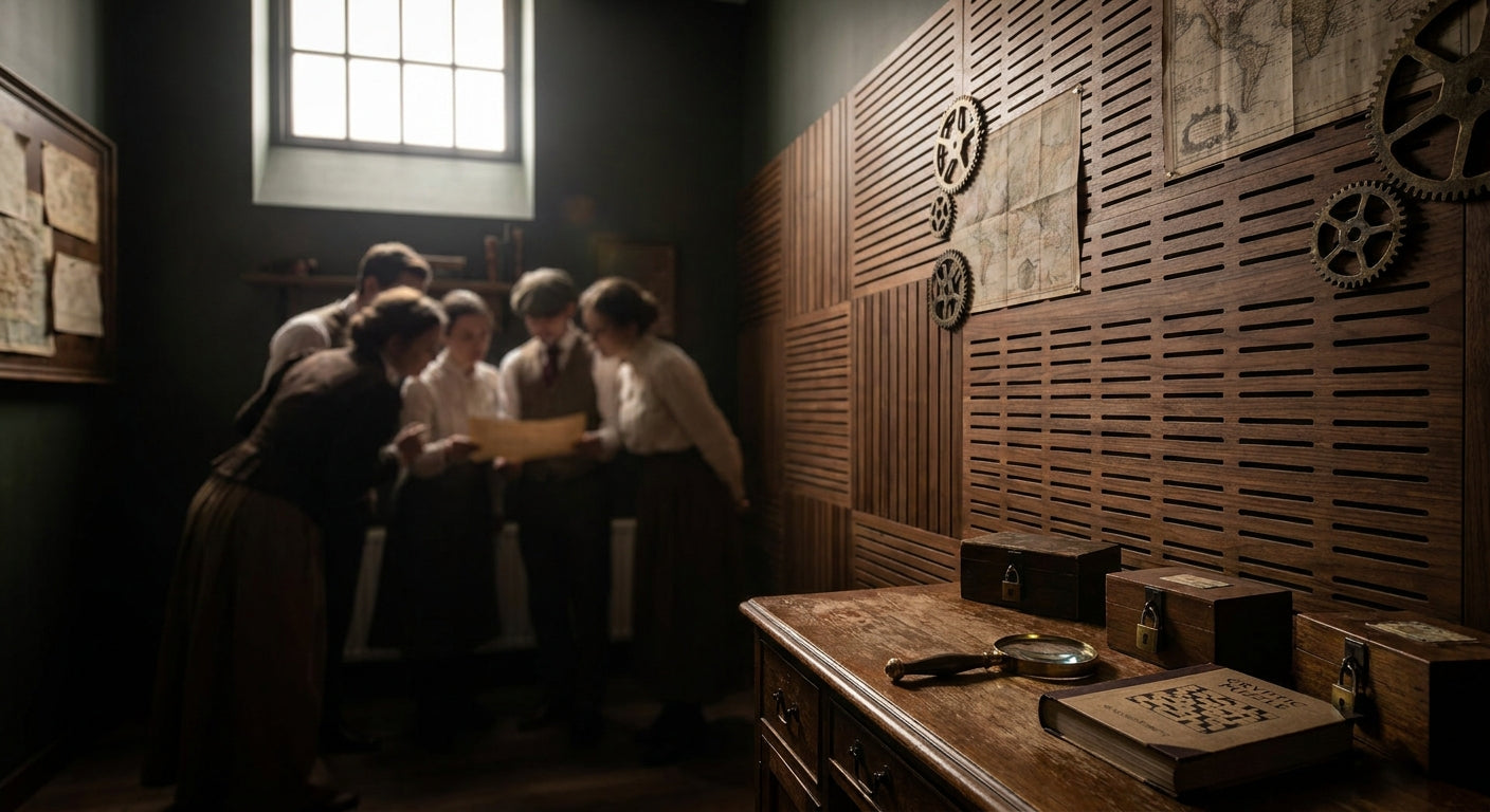 Acoustic wood panels for escape room interiors